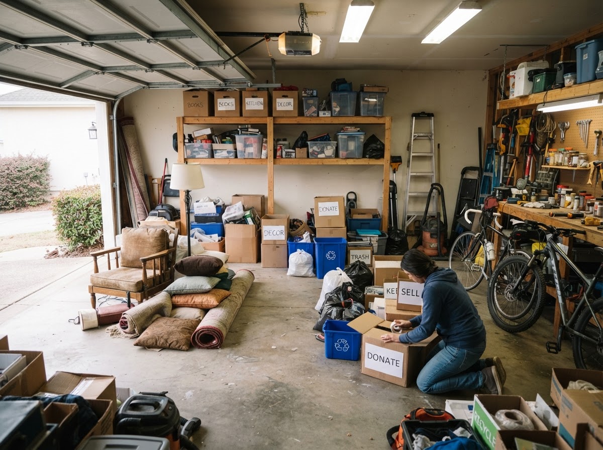 Garage interior mid-cleanout with sorted boxes, stored items, and old furniture organized for removal in Spring Hill Florida