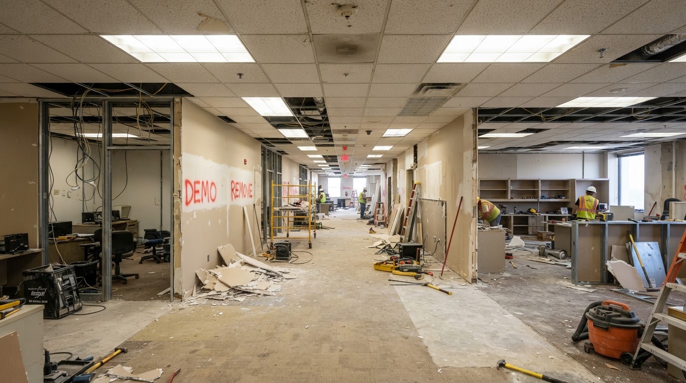 Commercial interior with nonstructural partitions and fixtures before a selective demolition