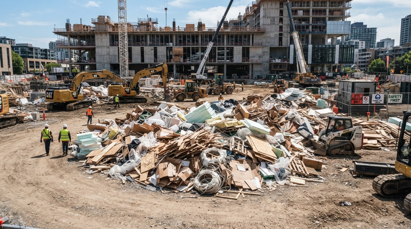 Large commercial project with bulky lower-density debris staged before a 40-yard delivery