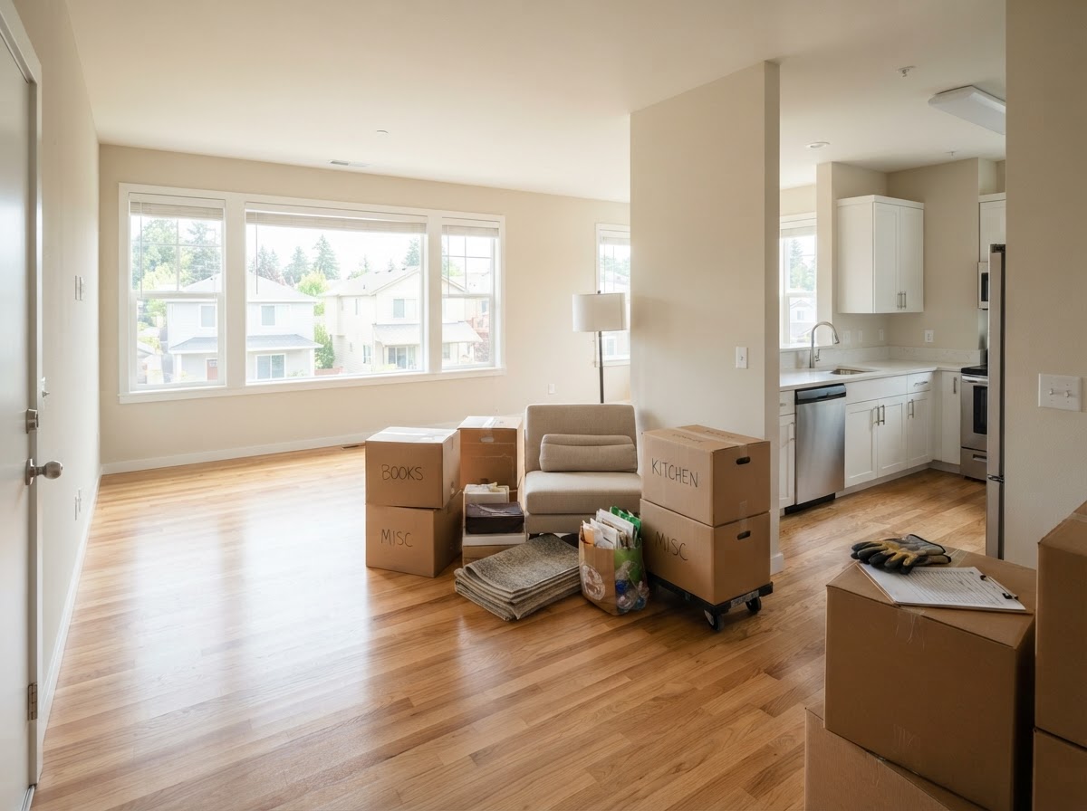 Apartment turnover cleanout with furniture and household items prepared for removal