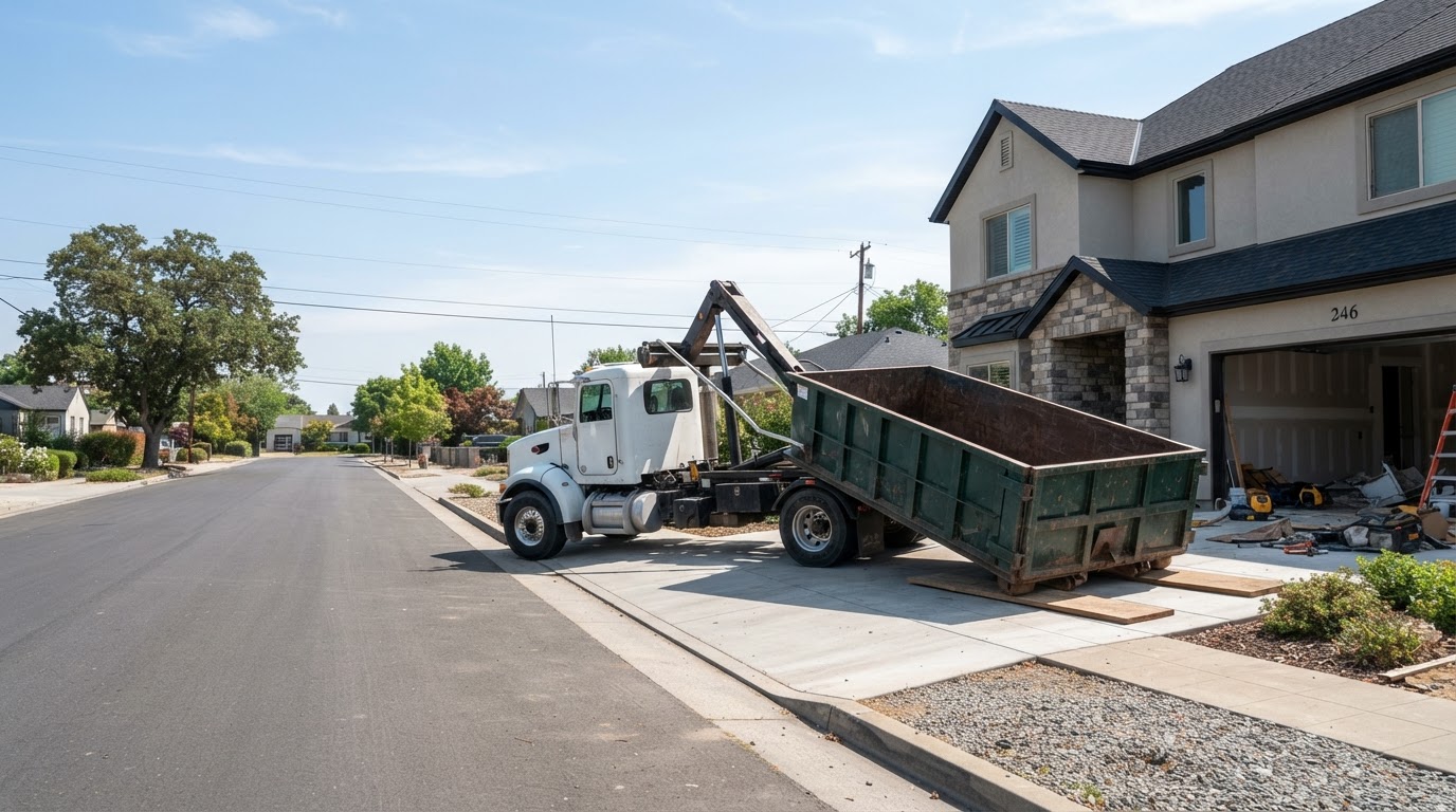 Roll-off delivery truck positioning a large open-top container onto a residential driveway at a job site in Spring Hill, Florida