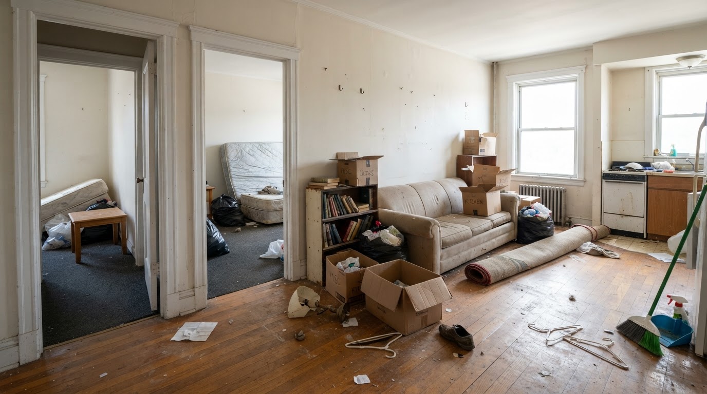 Vacant residential rental property interior with unwanted furniture and move-out debris prepared for an authorized turnover cleanout in Spring Hill