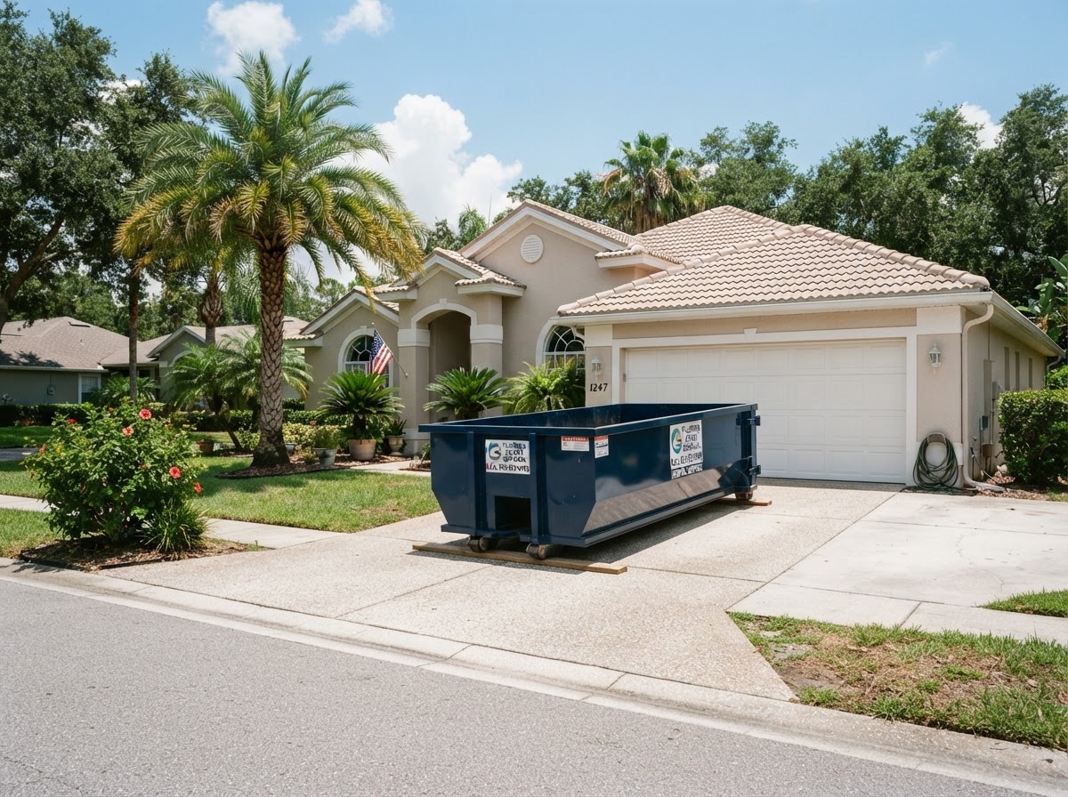 Premium roll-off dumpster container staged on a residential driveway in Spring Hill Florida