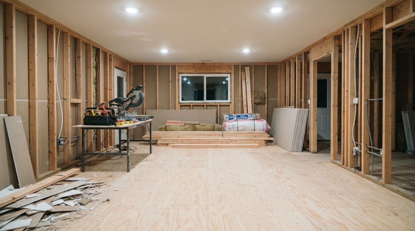 Same renovation area with loose debris removed and the work space organized after a construction cleanup