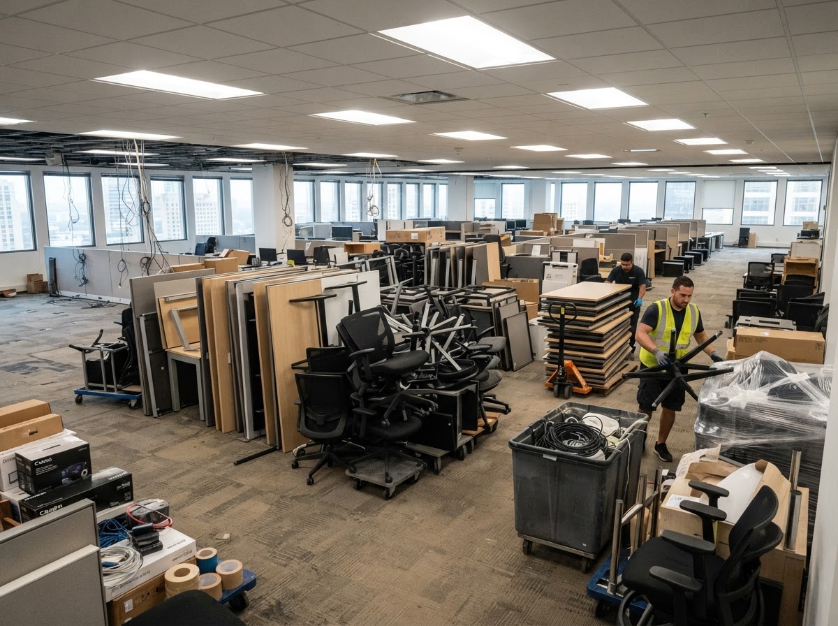 Commercial office space with desks and furniture stacked for removal during a business transition in Spring Hill Florida