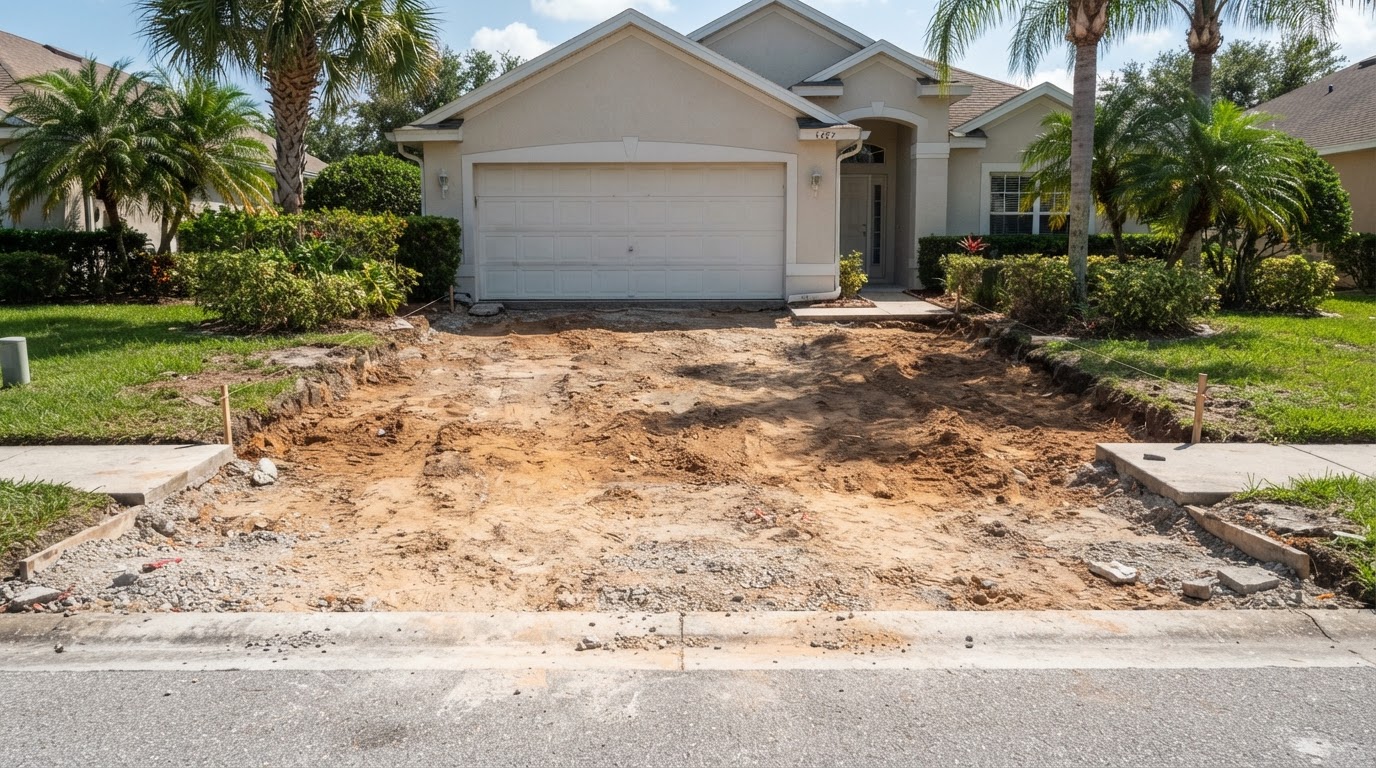 Same driveway after concrete removal with the slab broken up and hauled away, exposing the base