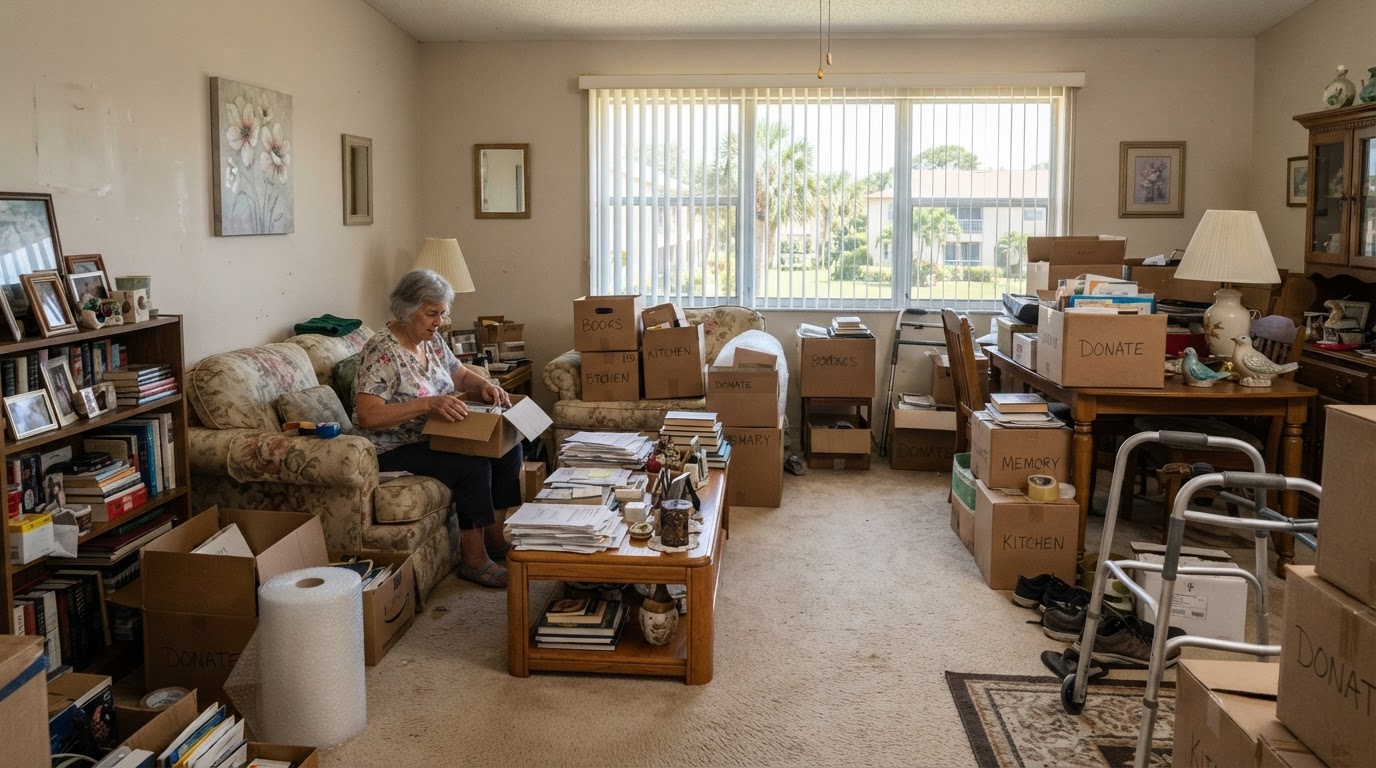 Retirement community residence with excess furniture and boxes during a downsizing project