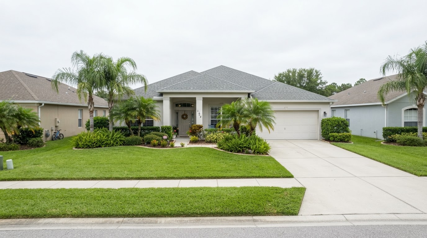 Same residential yard cleared of storm debris with the house and landscaping intact