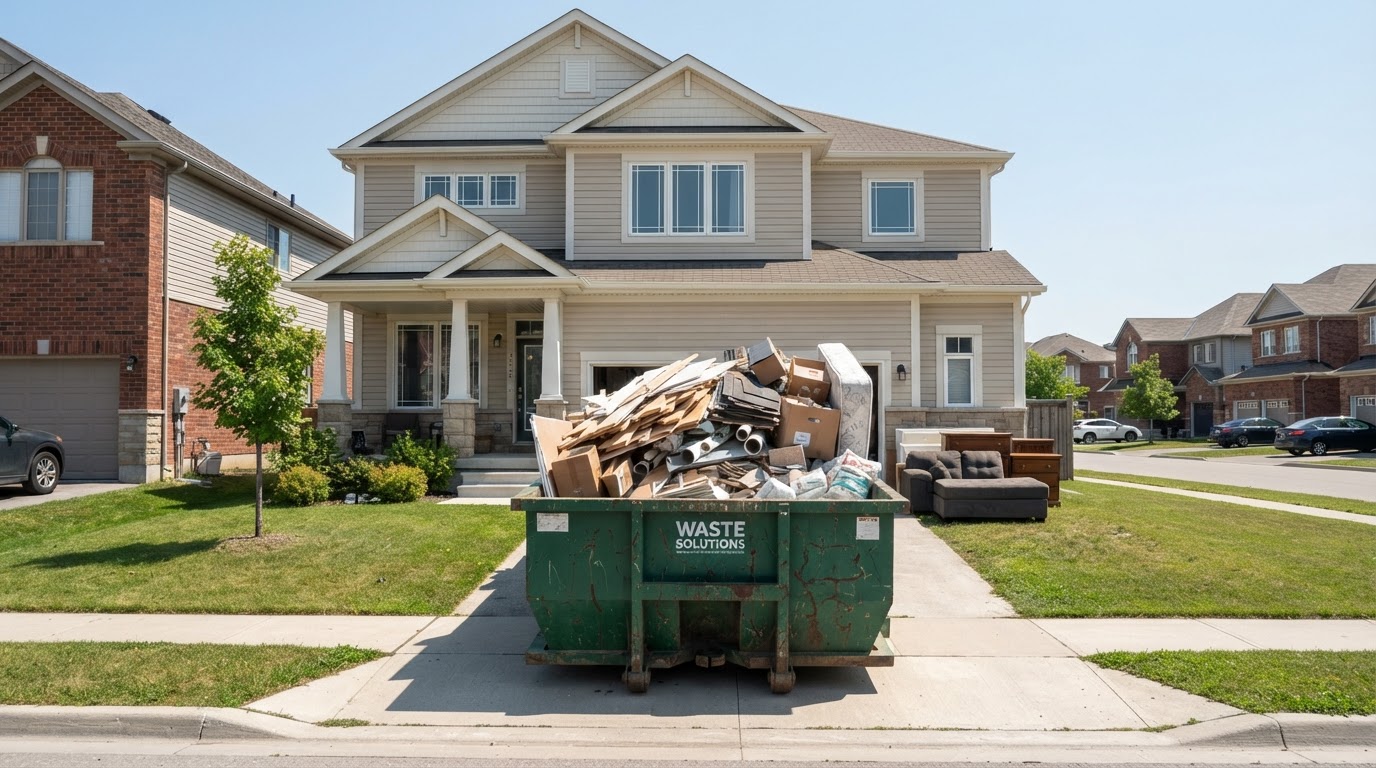 Same property after a combo service with bulky items hauled and remaining debris loaded into a roll-off dumpster