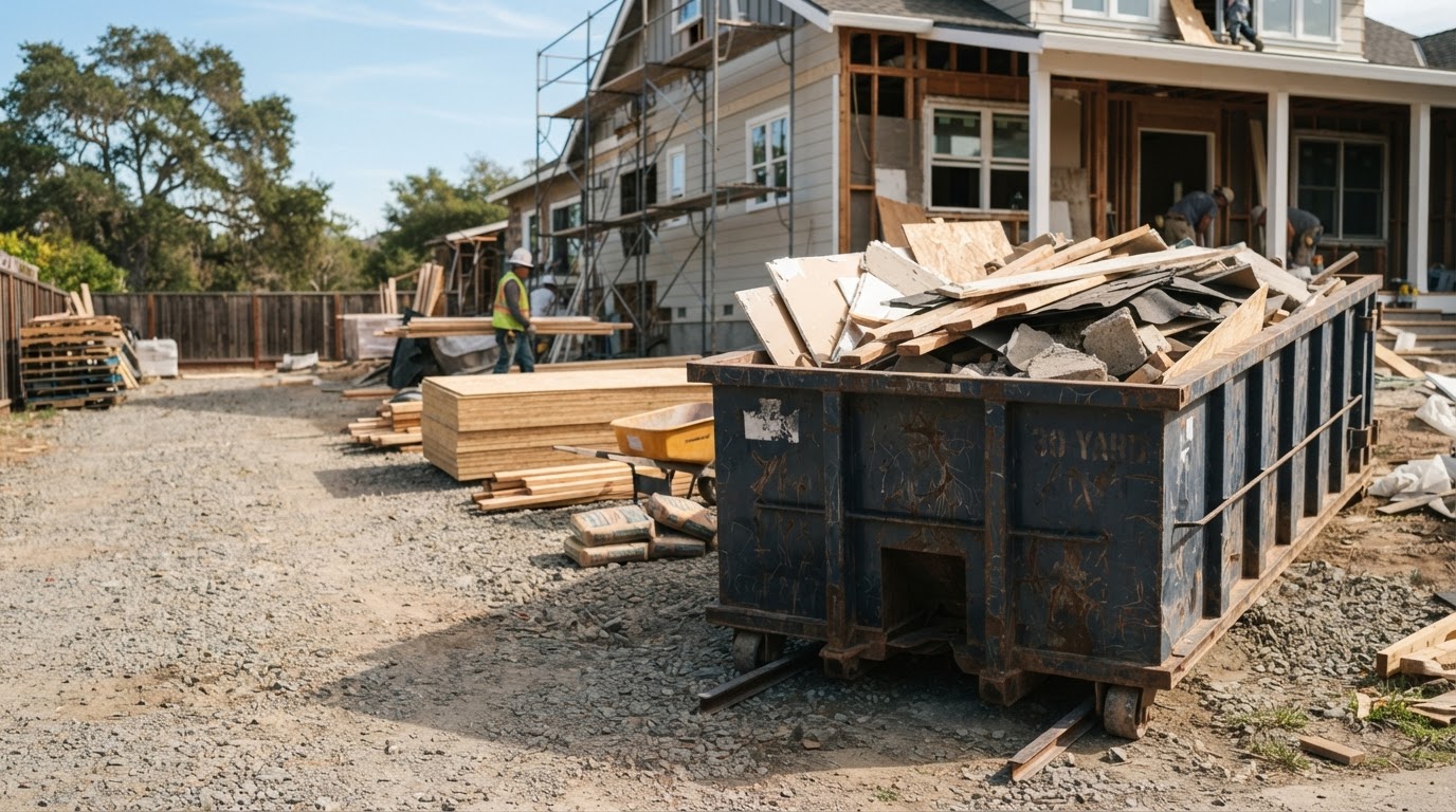Large 40 yard roll-off dumpster positioned at a commercial construction or renovation site in Spring Hill, Florida