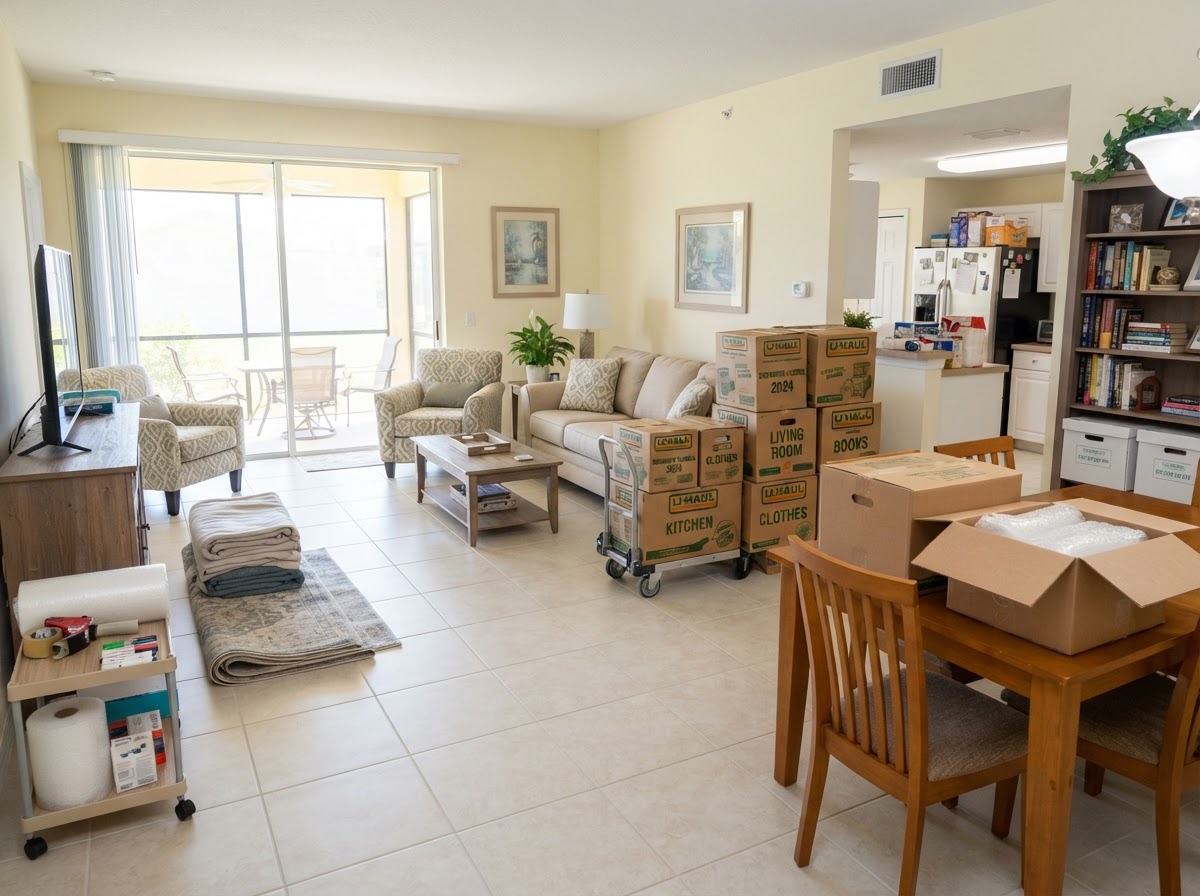 Seasonal Florida residence with boxed belongings prepared for cleanout