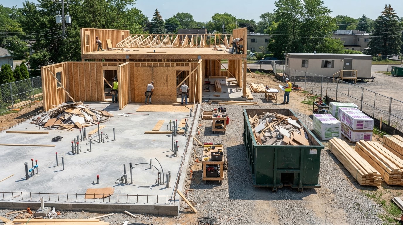 Same construction site with accepted debris loaded into a suitable jobsite dumpster
