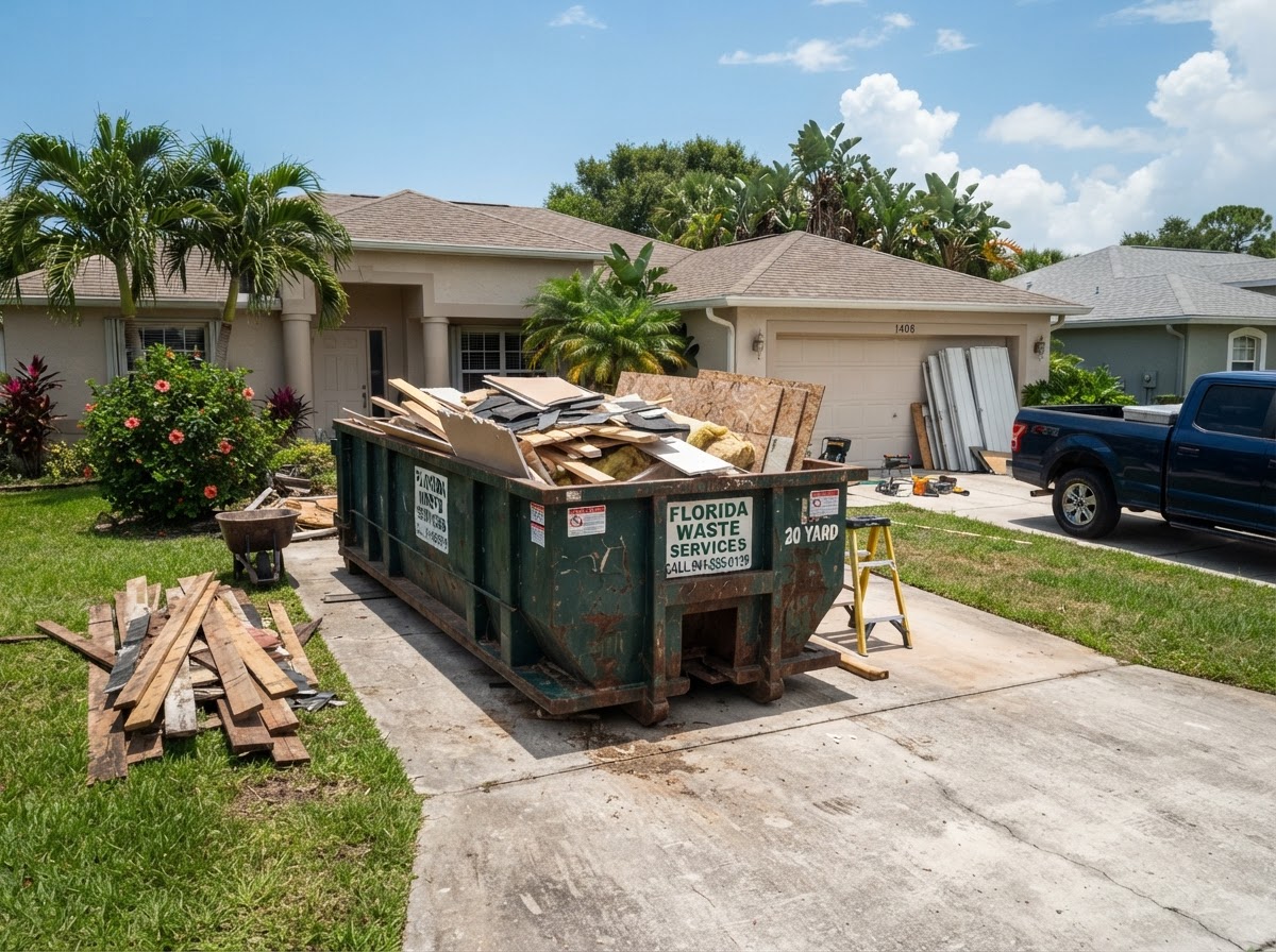 20-yard roll-off dumpster container on a residential driveway in Spring Hill Florida