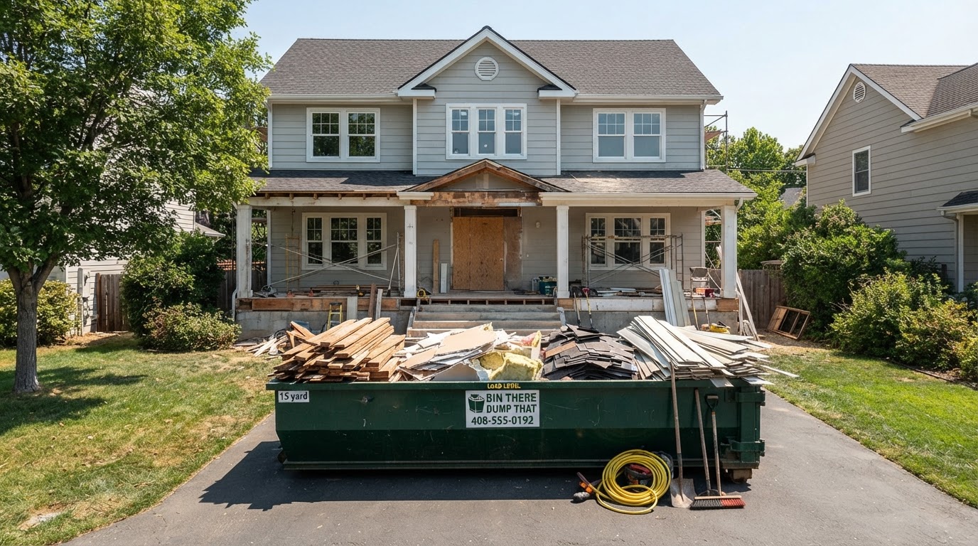 Same home with approved renovation debris organized inside an appropriate roll-off dumpster