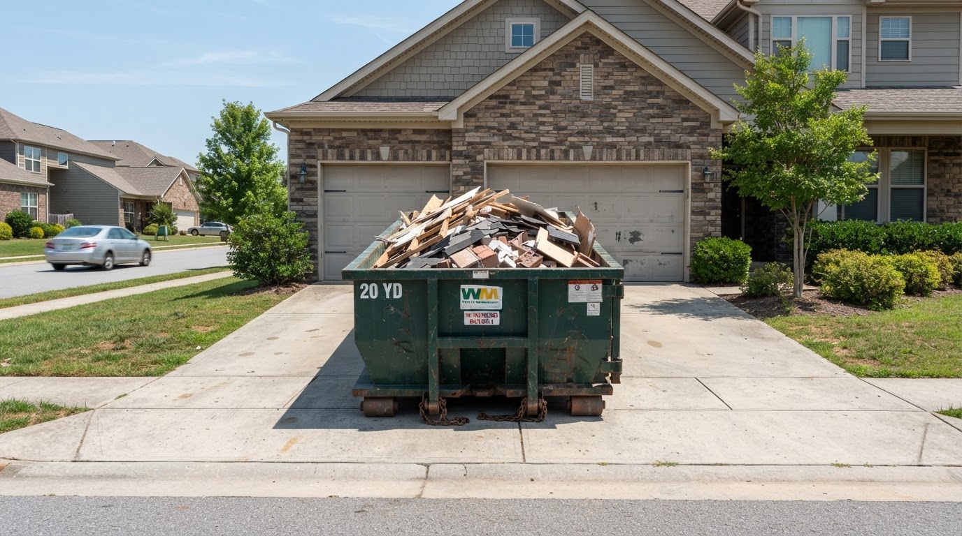Same location with a properly placed 20-yard roll-off dumpster holding the approved material