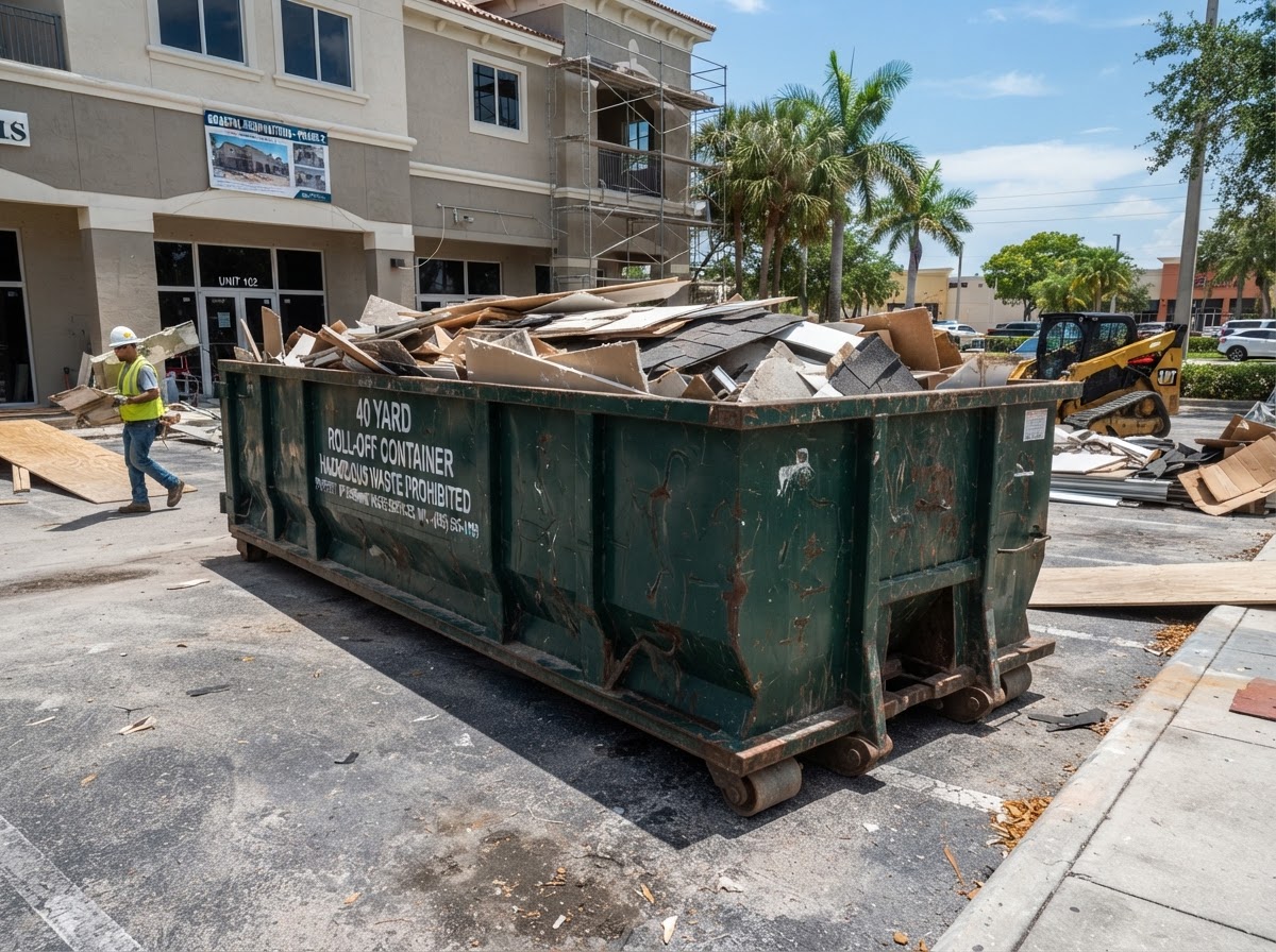 Large 40-yard roll-off dumpster container staged at a commercial property in Spring Hill Florida