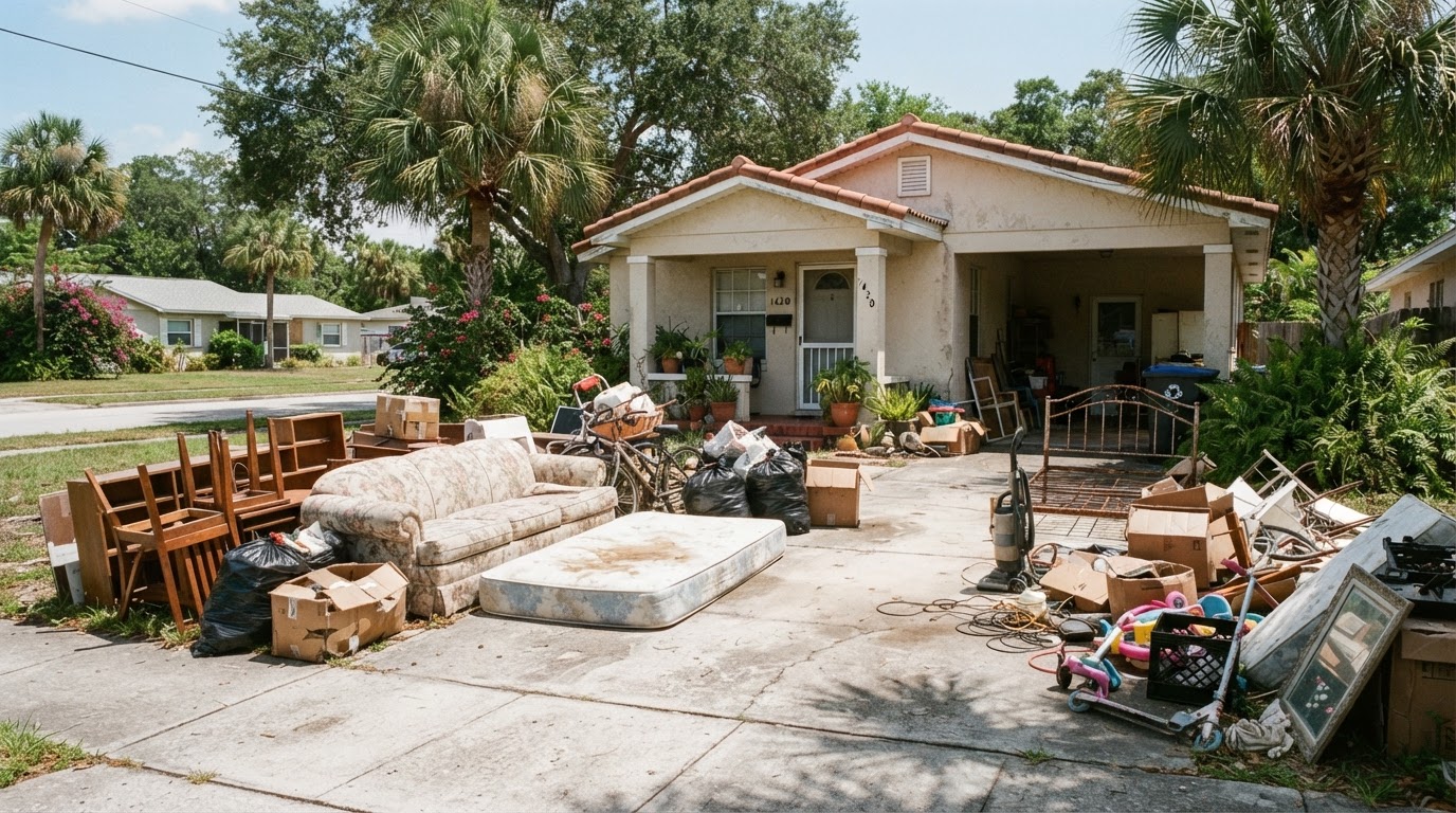 Residential driveway cluttered with unwanted furniture, boxes and household junk before a junk removal pickup