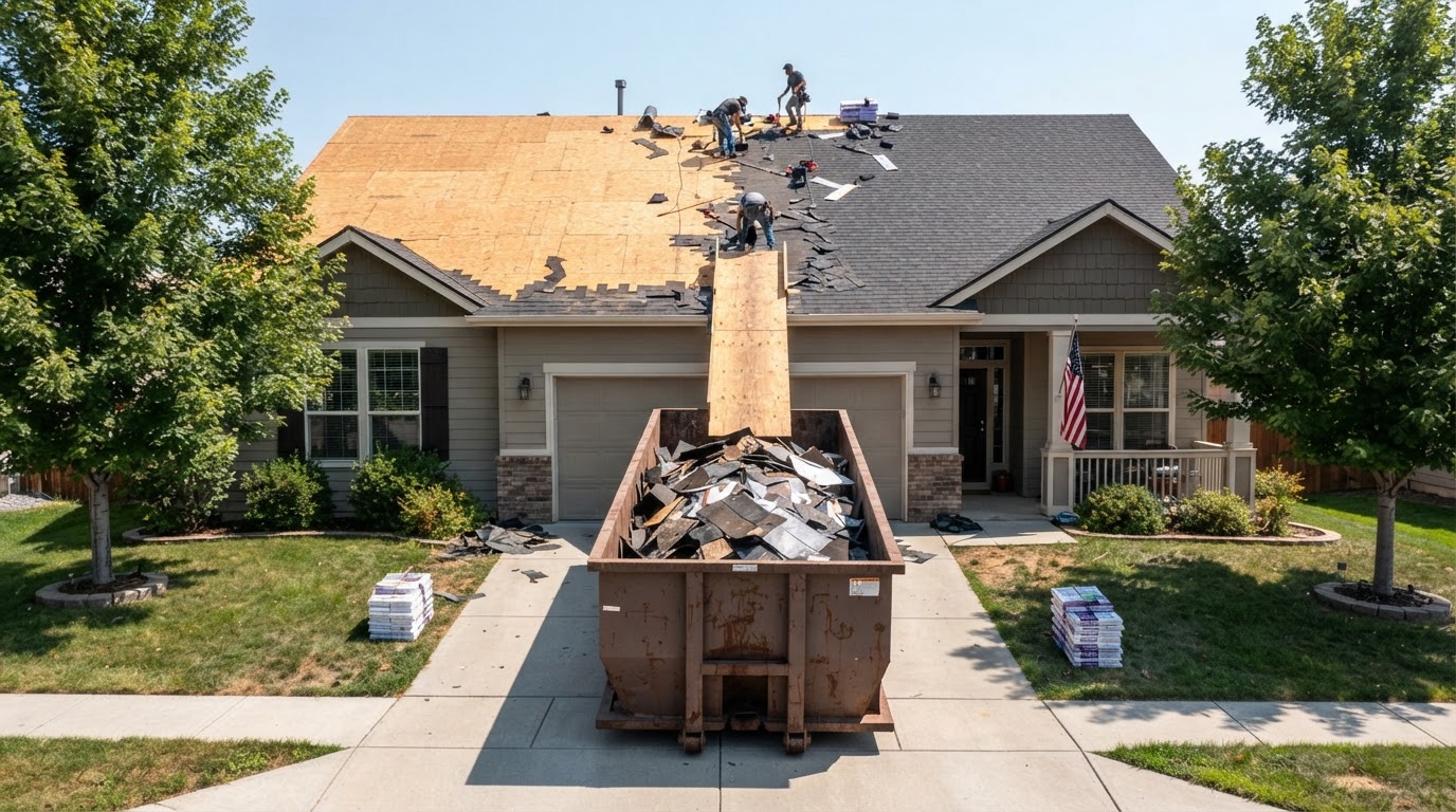 Same property with qualifying shingle debris contained in a suitable roll-off dumpster