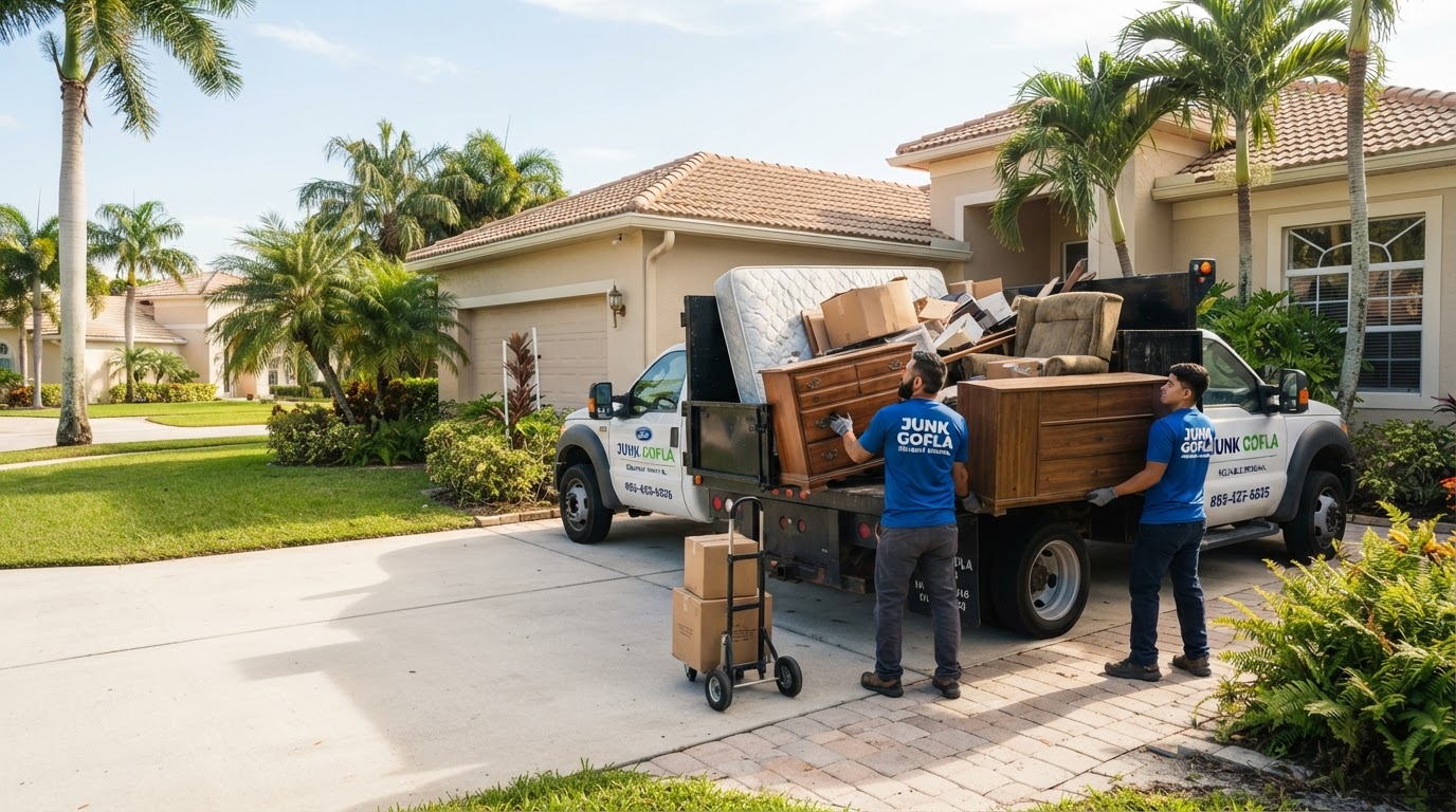 Jay's junk removal crew loading unwanted household items into a hauling truck on a Spring Hill, Florida driveway