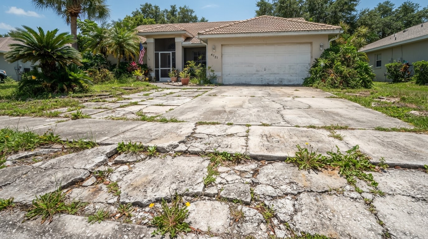 Cracked and deteriorated concrete driveway before a slab removal project