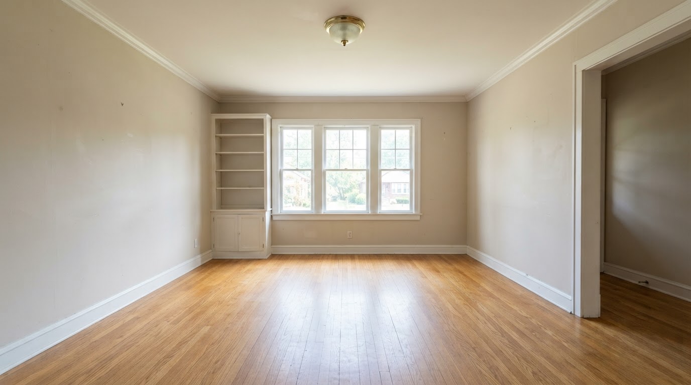 Same residential interior after an estate cleanout with designated contents removed and built-ins preserved