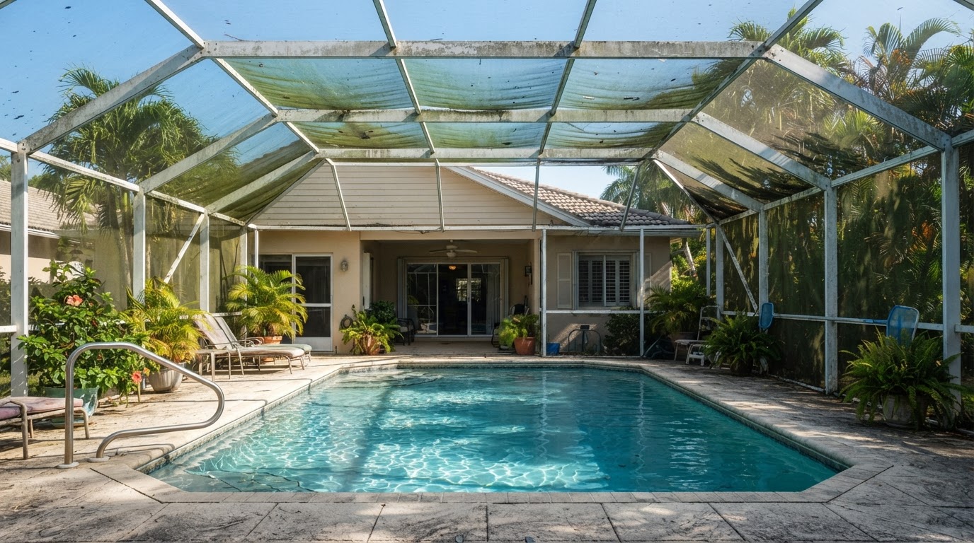 Florida residential pool surrounded by an aging aluminum screen enclosure before demolition