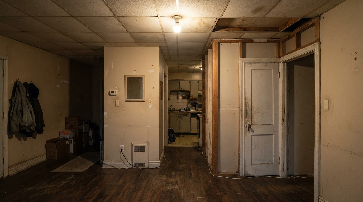 Interior space with outdated partitions, ceiling and fixtures in place before a selective demolition