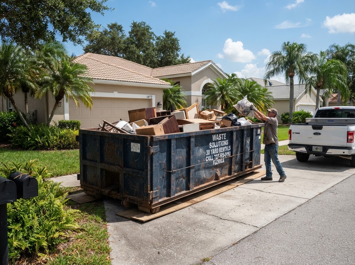 30-yard roll-off dumpster container staged at a residential property in Spring Hill Florida