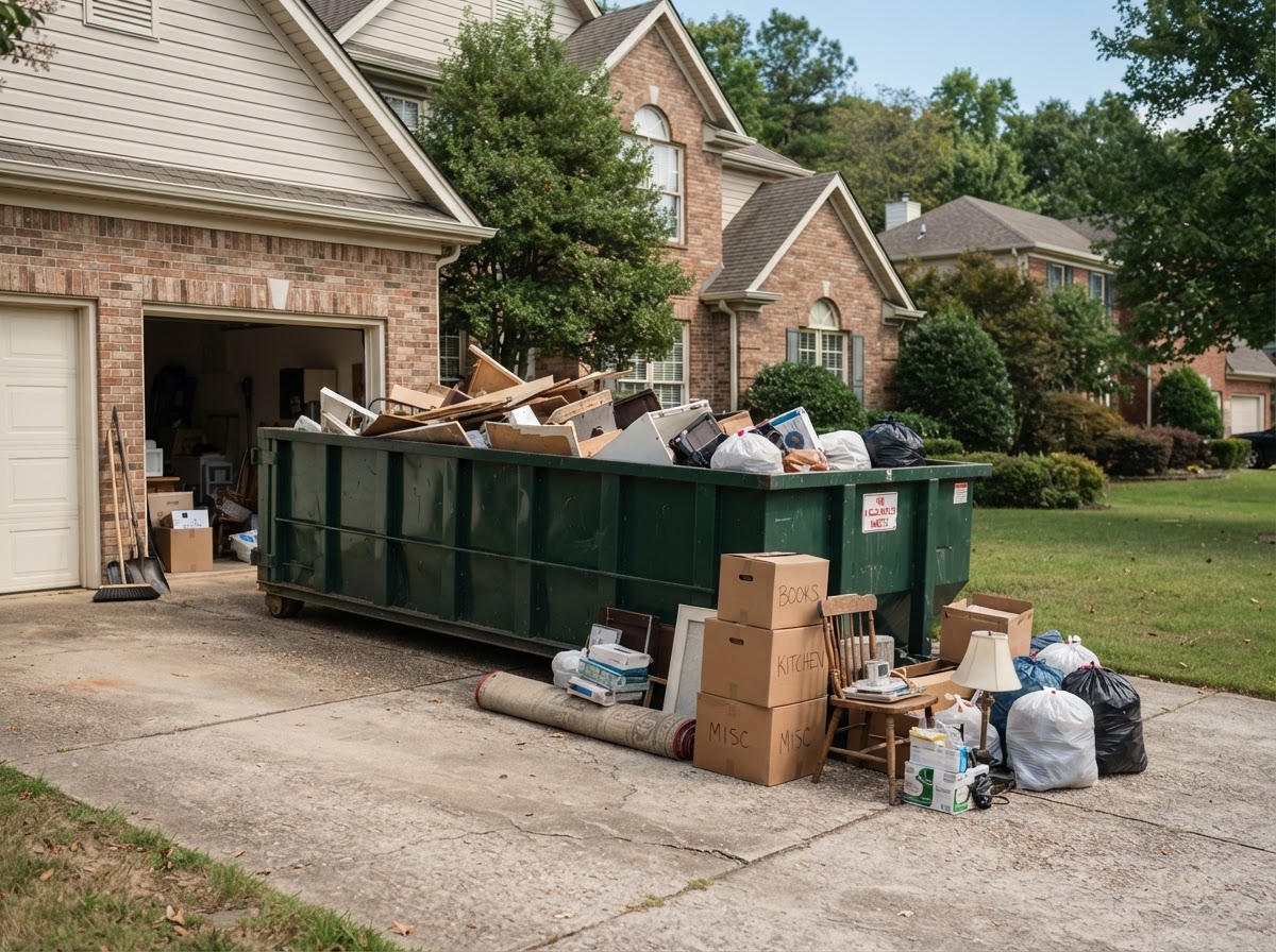 Cleanout roll-off dumpster with boxed household items at a residential property