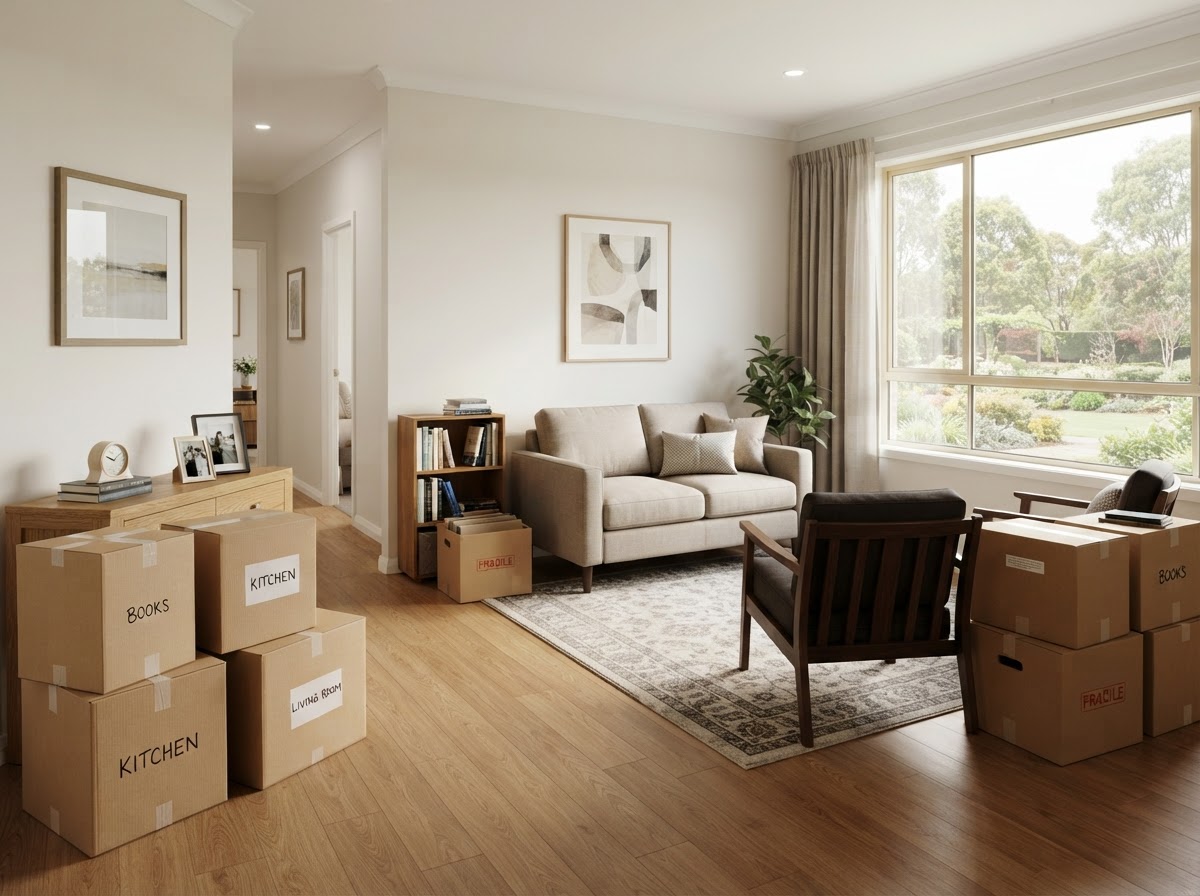 Residential downsizing project with organized furniture and moving boxes