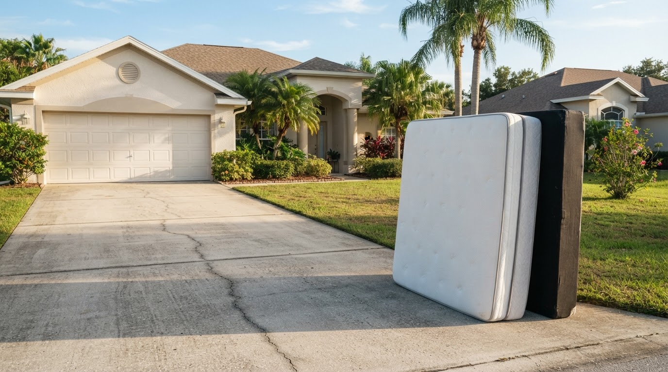 A clean mattress and box spring standing on a Florida driveway, ready for mattress removal and disposal