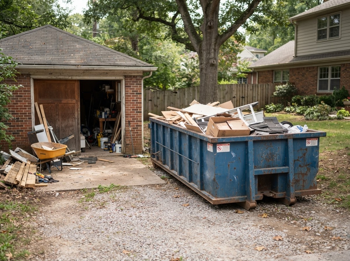 Representative 15-yard roll-off dumpster beside a residential renovation project