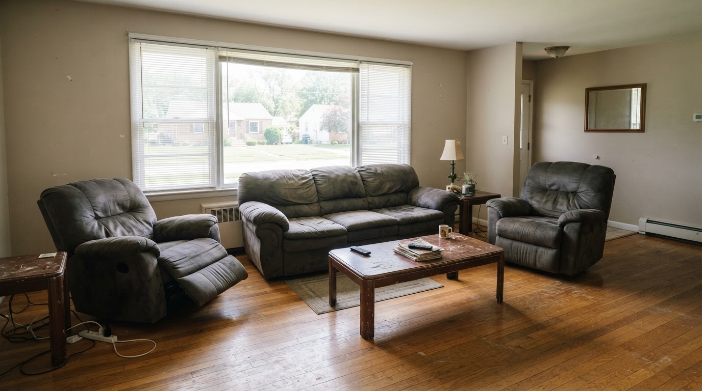 Living room with an unwanted large sofa, recliners and old tables selected for furniture removal