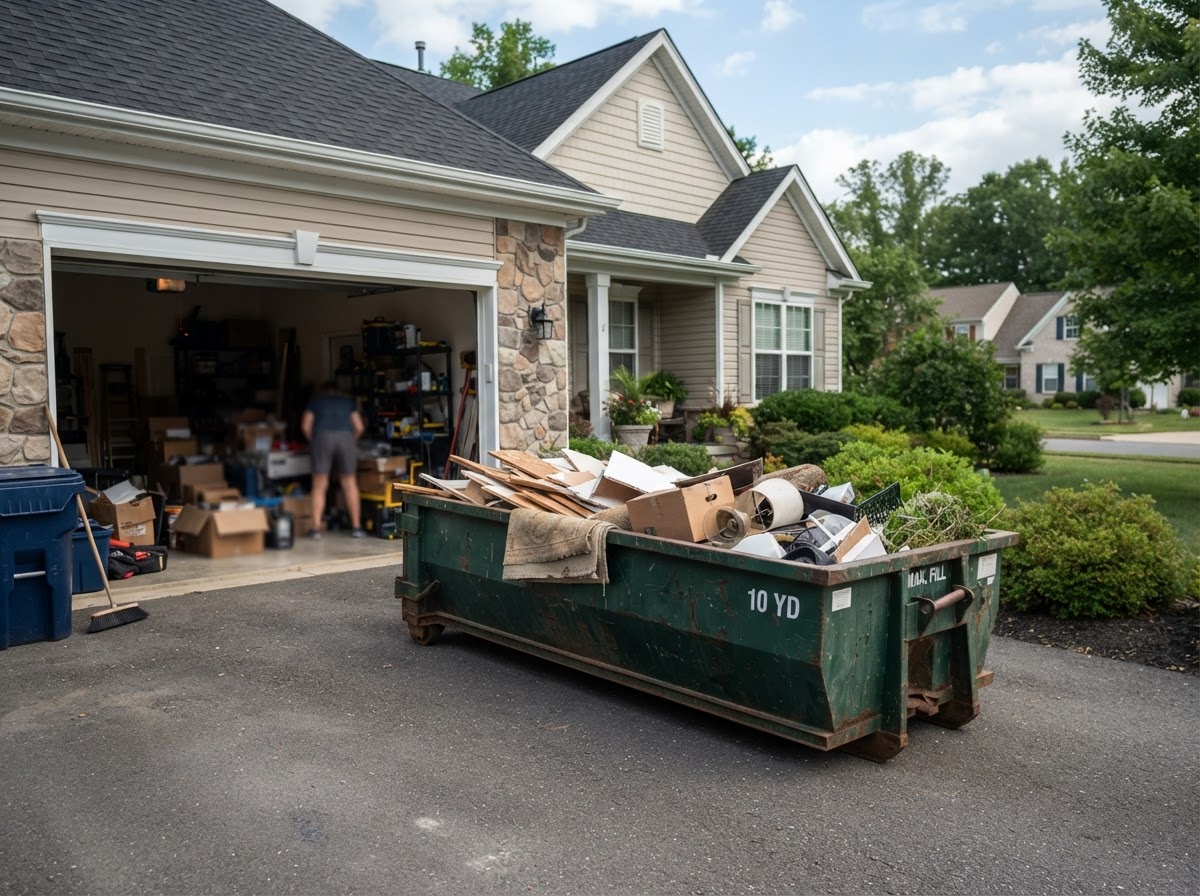 Representative compact 10-yard roll-off dumpster at a residential property
