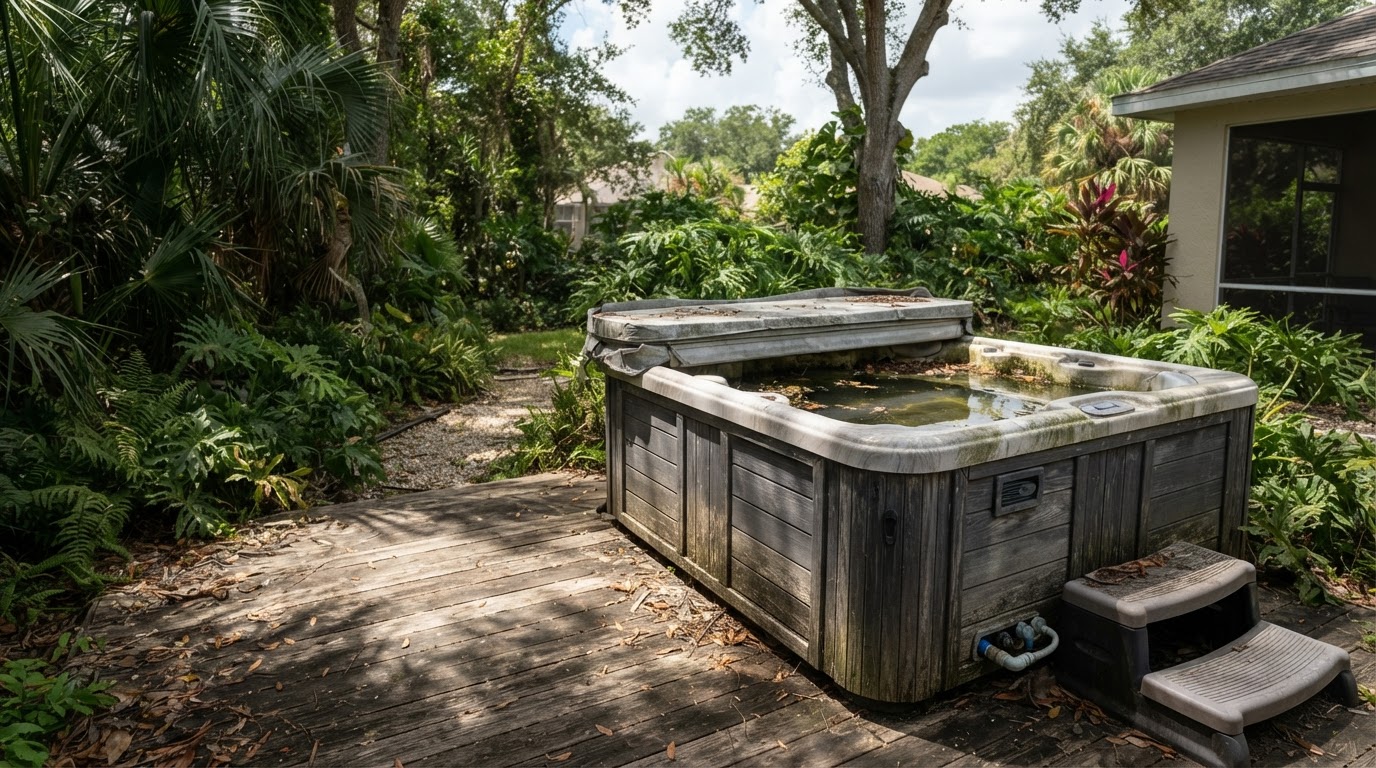 Aging freestanding outdoor hot tub and spa on a backyard patio awaiting removal in Spring Hill, Florida