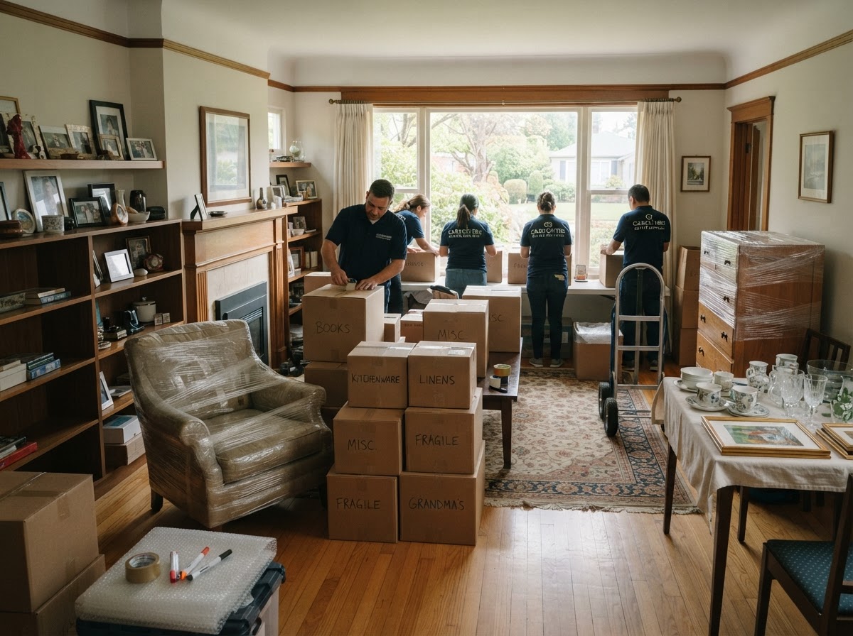 Respectful estate cleanout scene with neatly stacked boxes and wrapped furniture in a Spring Hill Florida home