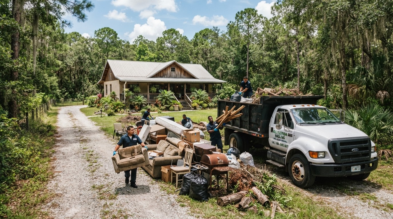 Rural residential cleanup scene with a hauling truck and crew removing household junk, furniture and yard debris from a Florida property in Nobleton