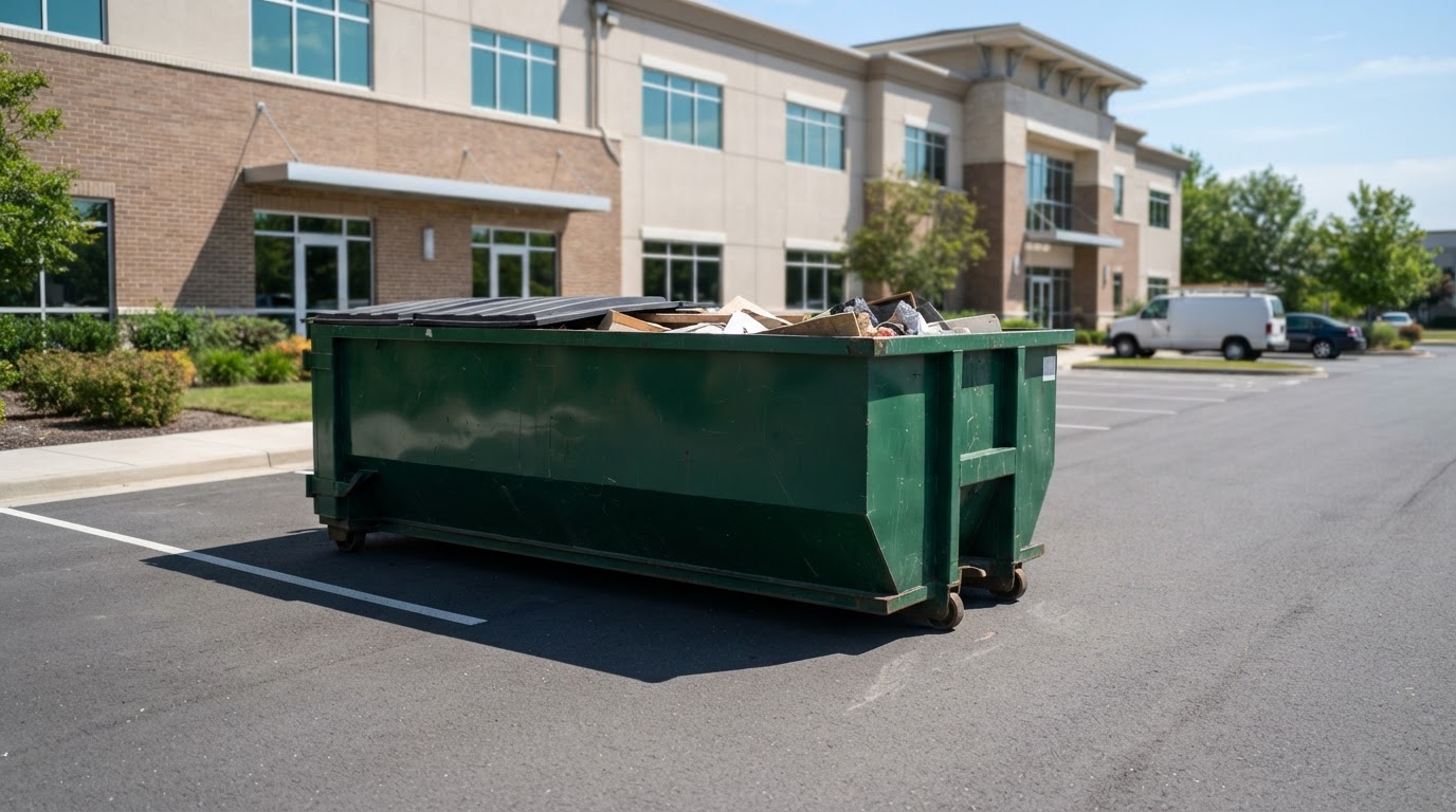 Roll-off dumpster container positioned at a commercial building site in Spring Hill, Florida