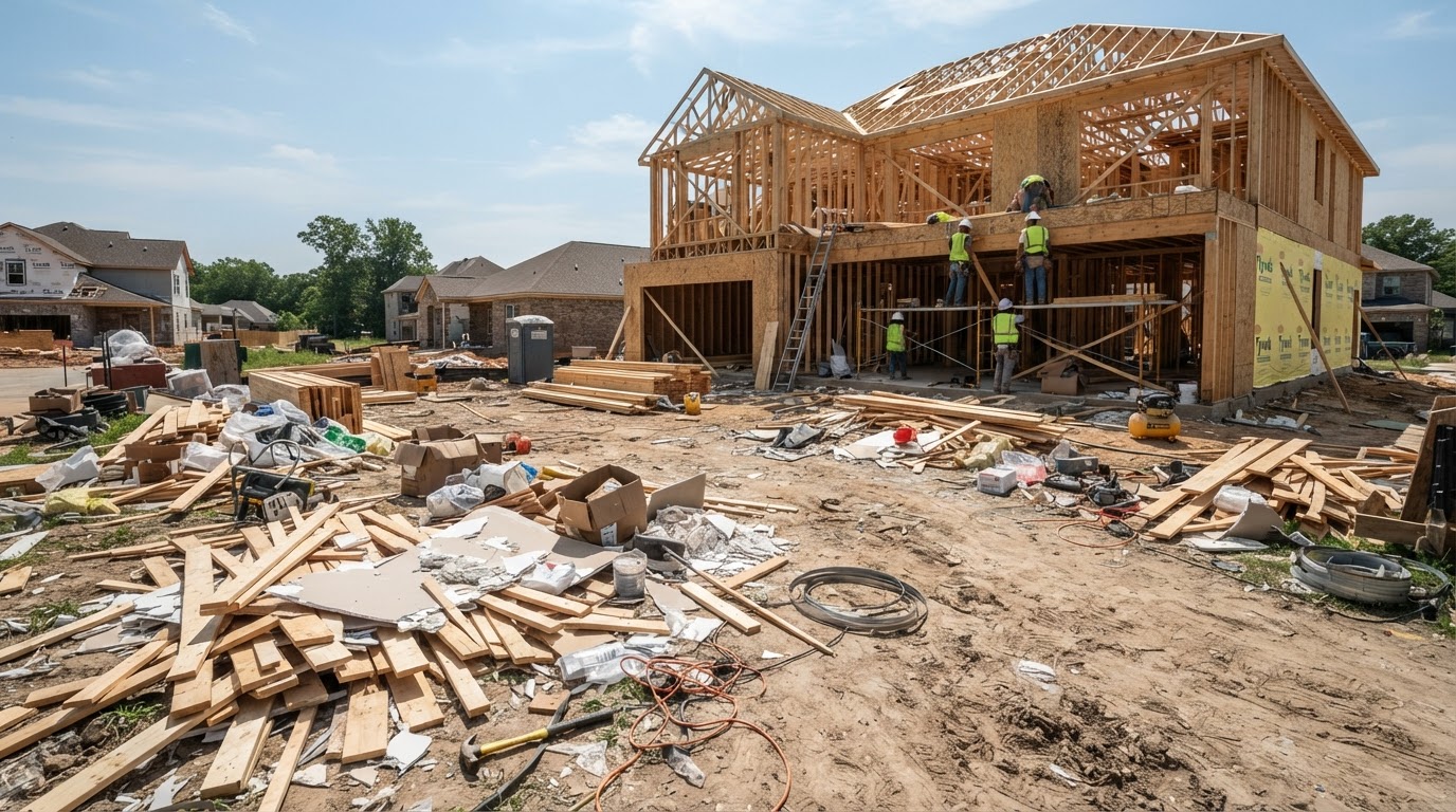 Construction site with loose lumber, drywall and jobsite debris before a cleanup