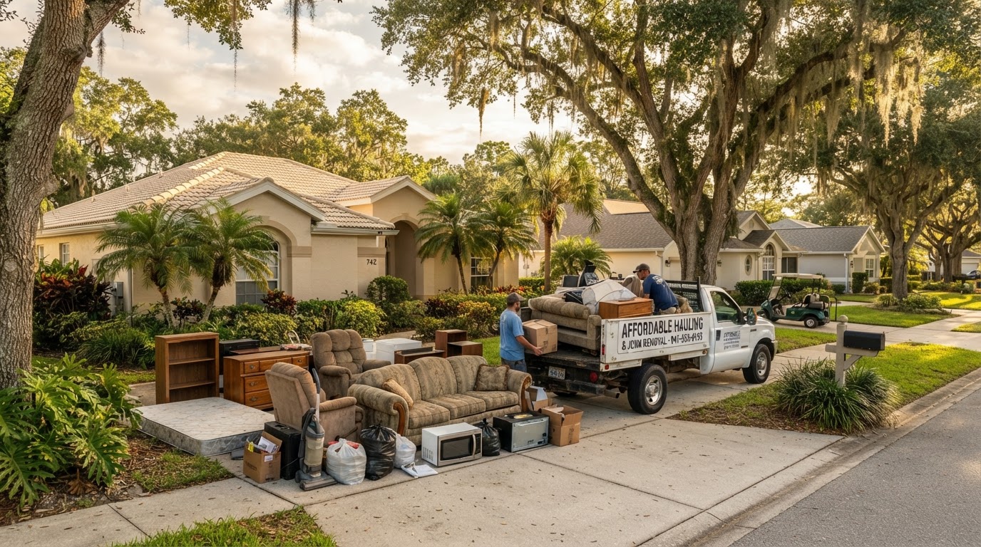 Florida residential cleanup scene in a retirement community area with old furniture and household appliances staged for hauling in Zephyrhills