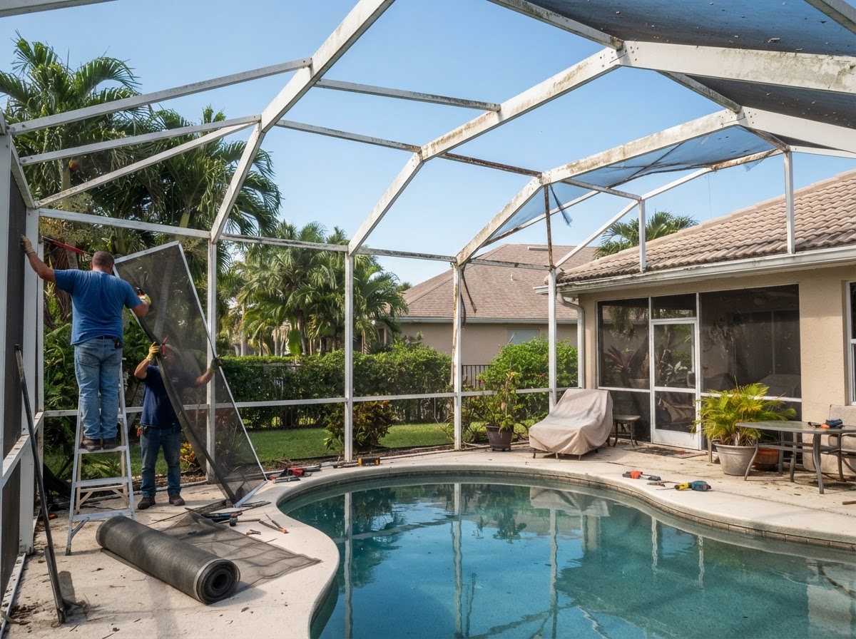Florida pool cage and screened lanai enclosure with aging aluminum framing prepared for removal