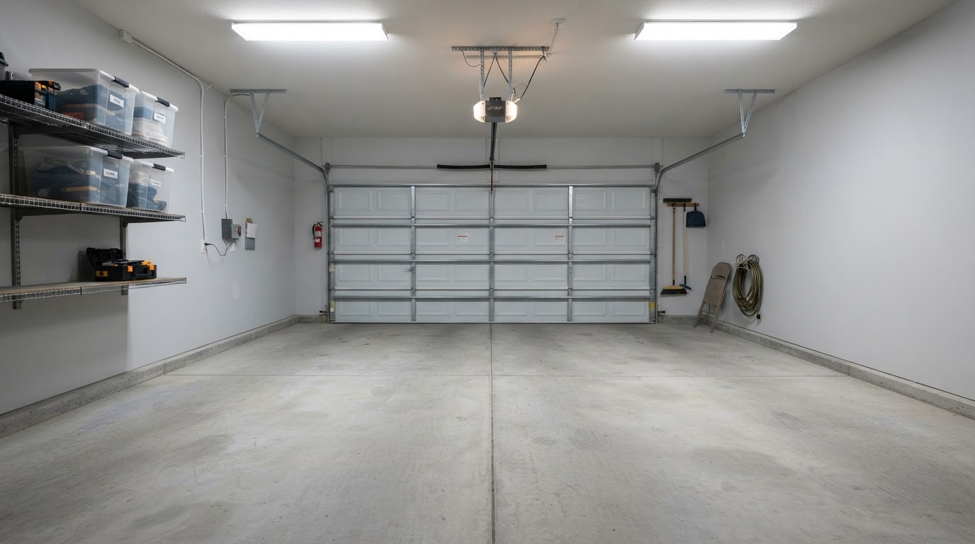 Same residential garage cleared of clutter, revealing usable parking and storage space after a cleanout