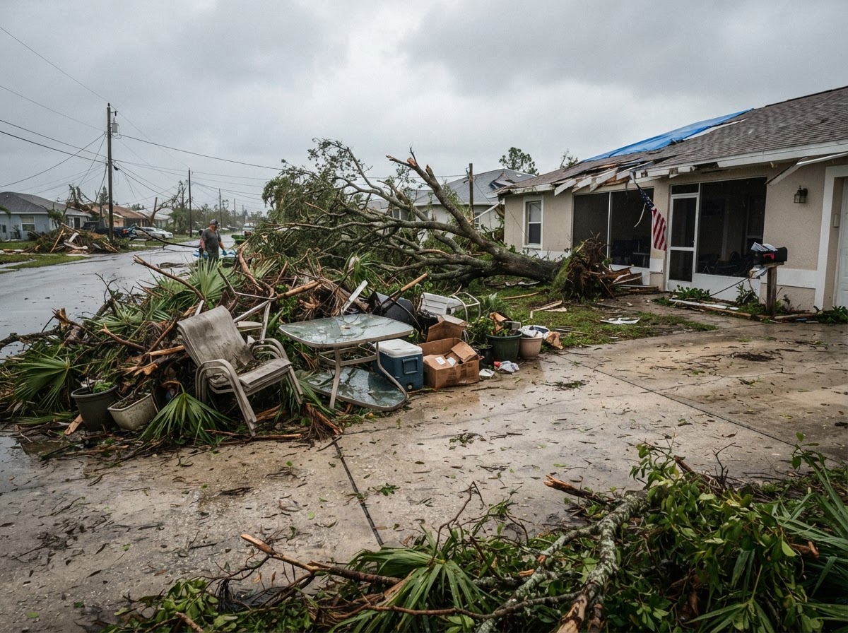 Storm debris including fallen branches and wind-damaged outdoor items staged along a Florida driveway after a storm