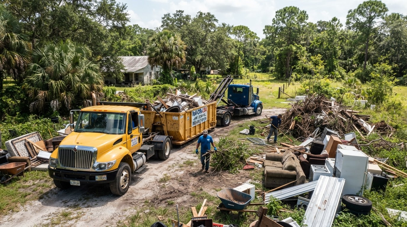 Residential acreage cleanup and contractor dumpster project scene with a roll-off container and hauling truck at a property in Dunnellon, Florida