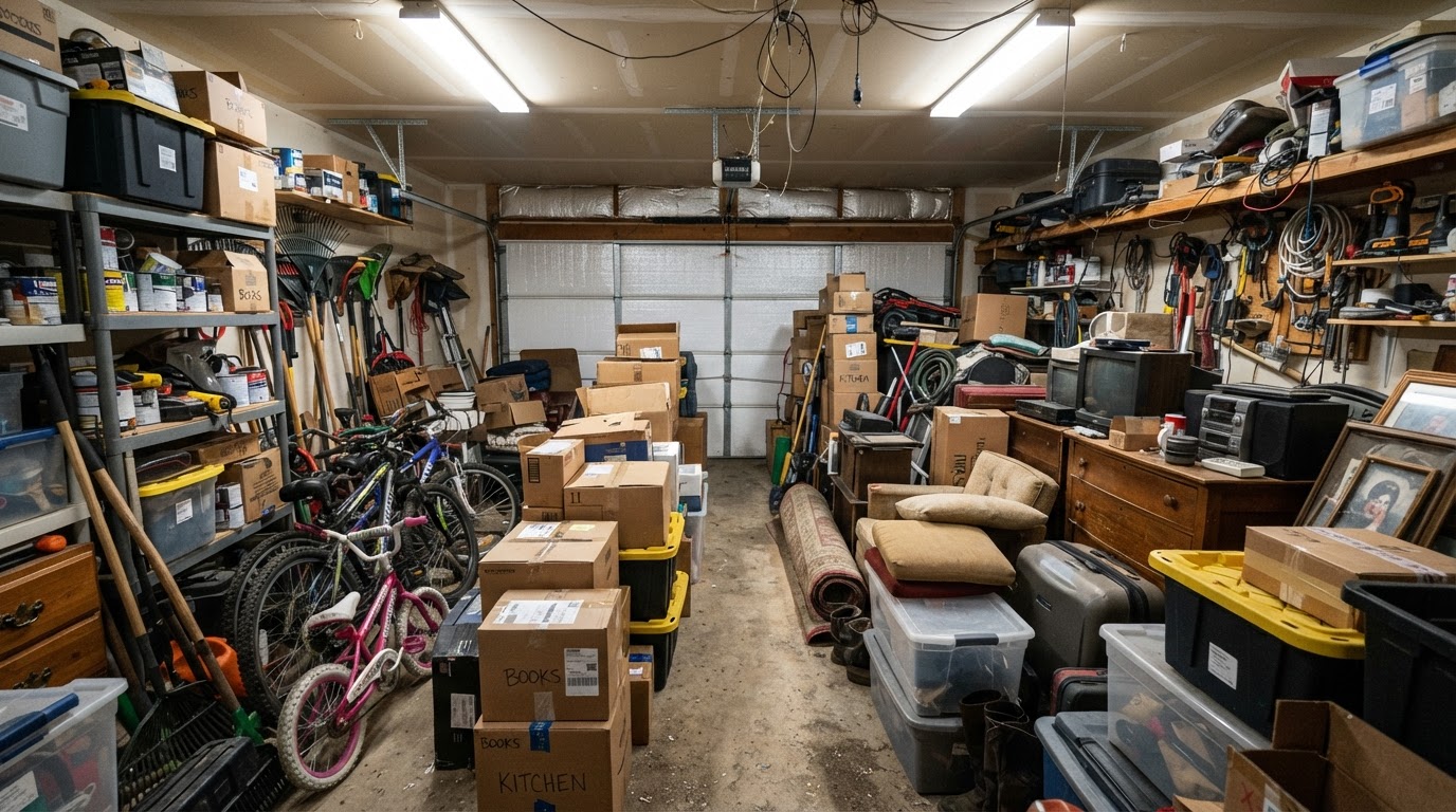 Residential garage packed with boxes, stored furniture and household clutter before a cleanout