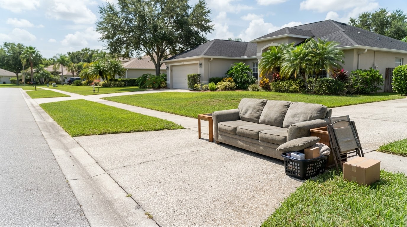 A single couch and a few household items staged at the end of a residential driveway for a quick junk pickup in Spring Hill, Florida