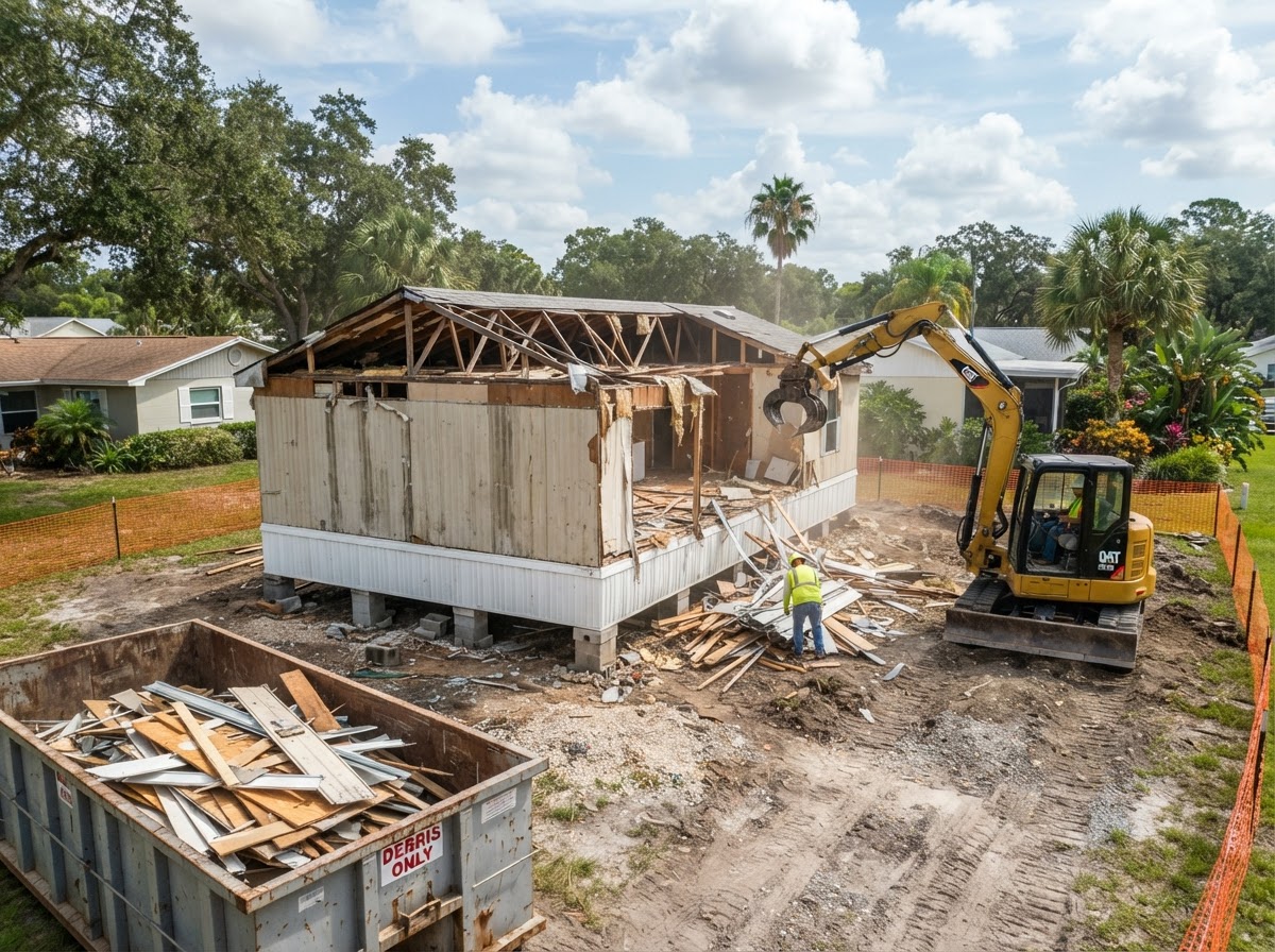 Manufactured home demolition project with controlled structure removal