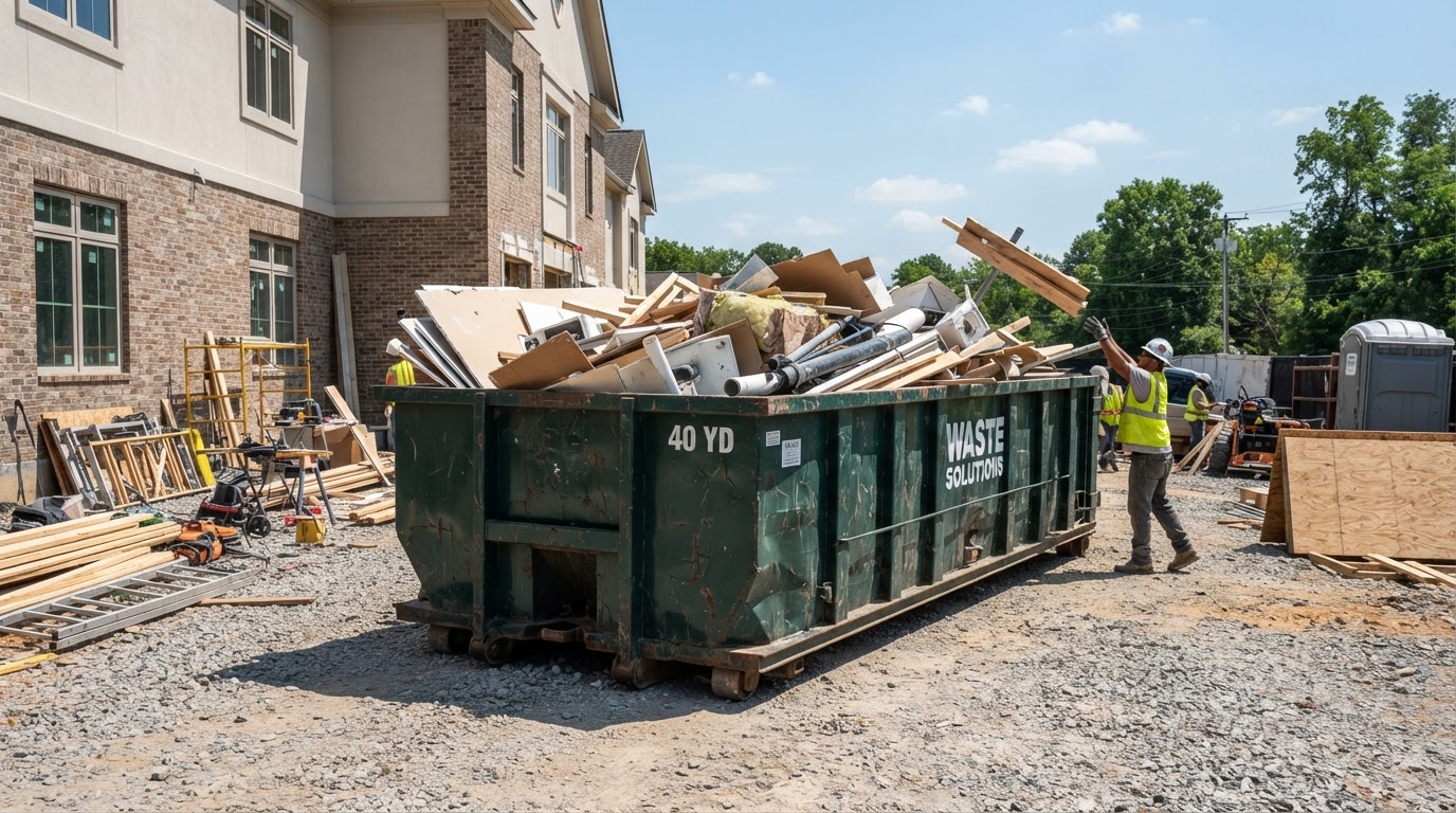 Same jobsite with a correctly proportioned 40-yard roll-off dumpster holding the suitable debris