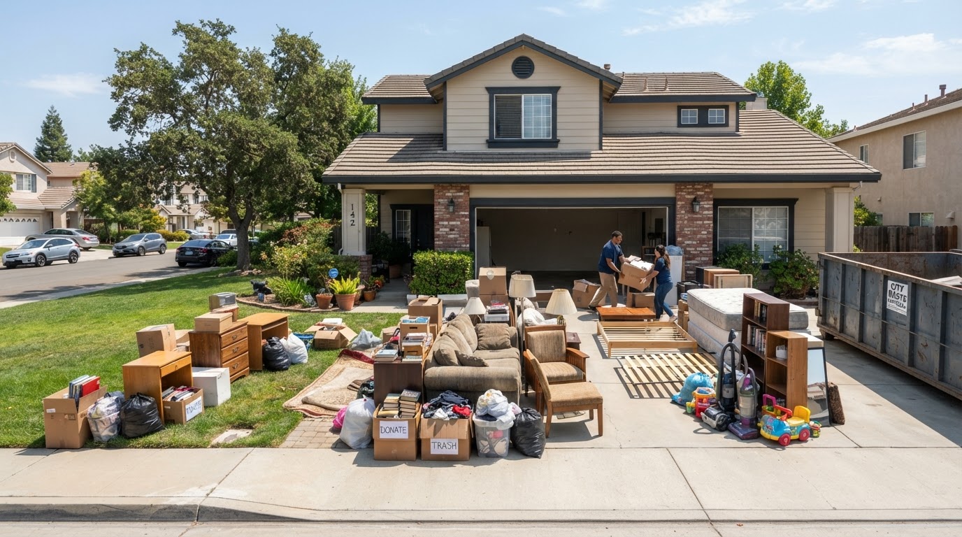 Residential property cleanout with boxes and furniture staged before a cleanout dumpster delivery