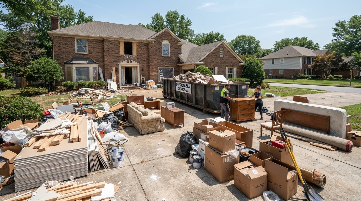 Larger home renovation with household and remodeling debris staged before a 20-yard delivery